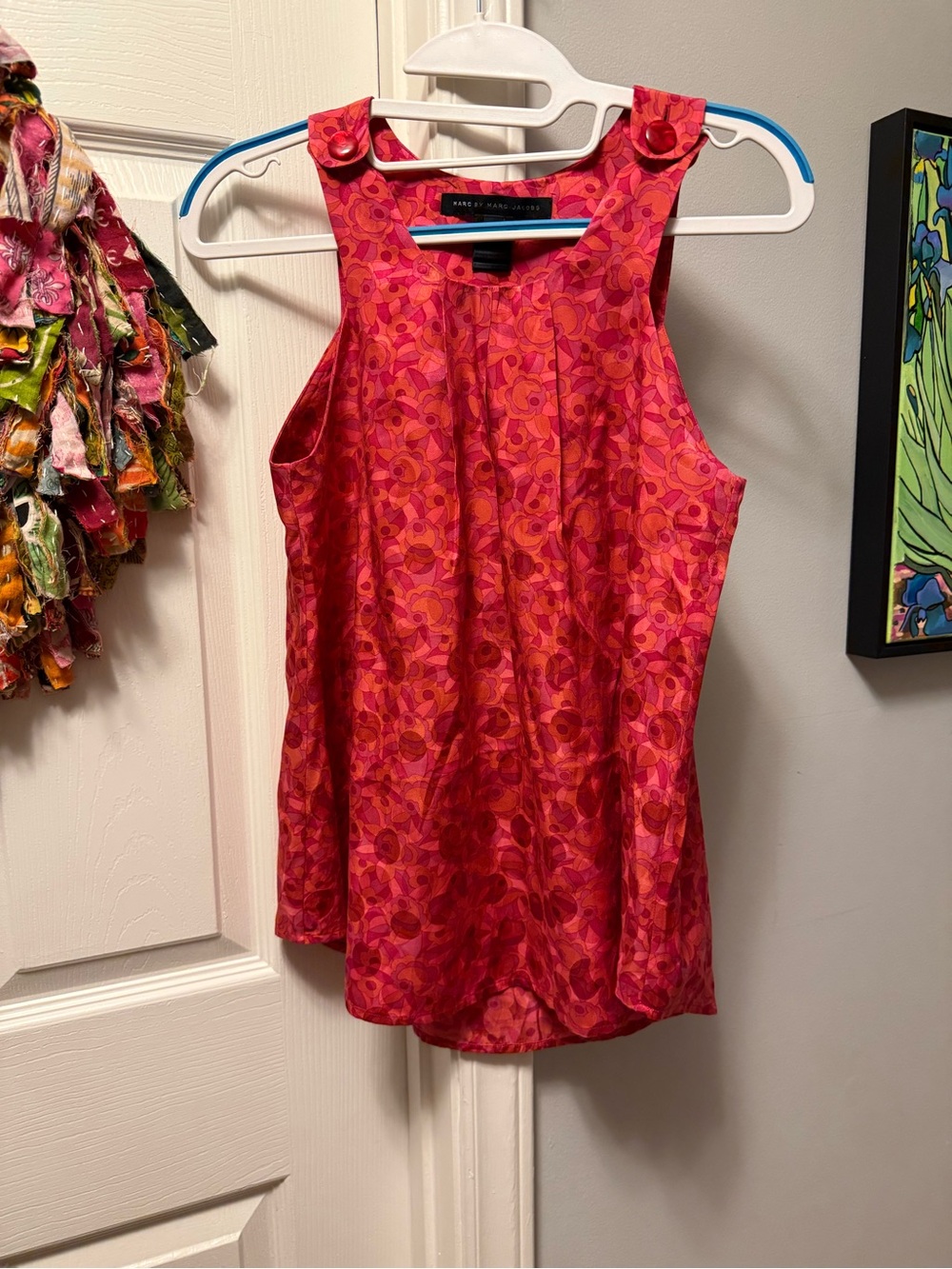 Marc Jacobs Pink and Red Silk Floral Button-Shoulder Tank